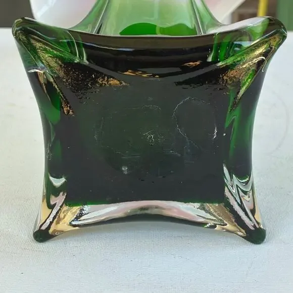 Murano Style Art Glass Vase Red White GreenHand Blown Ruffled Mid Century